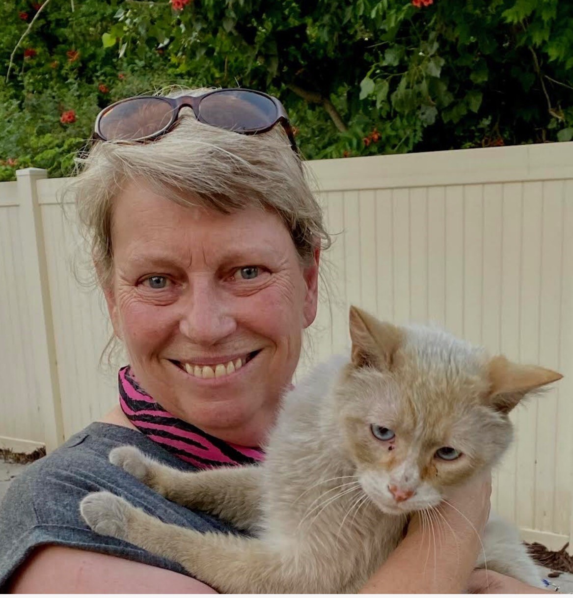 Julie Davis, Board President, looks to the camera from the center of the screen. She holds a dusty grey cat in her arms, with front paws on her shoulder. The pair are in front of a white fence and trees.